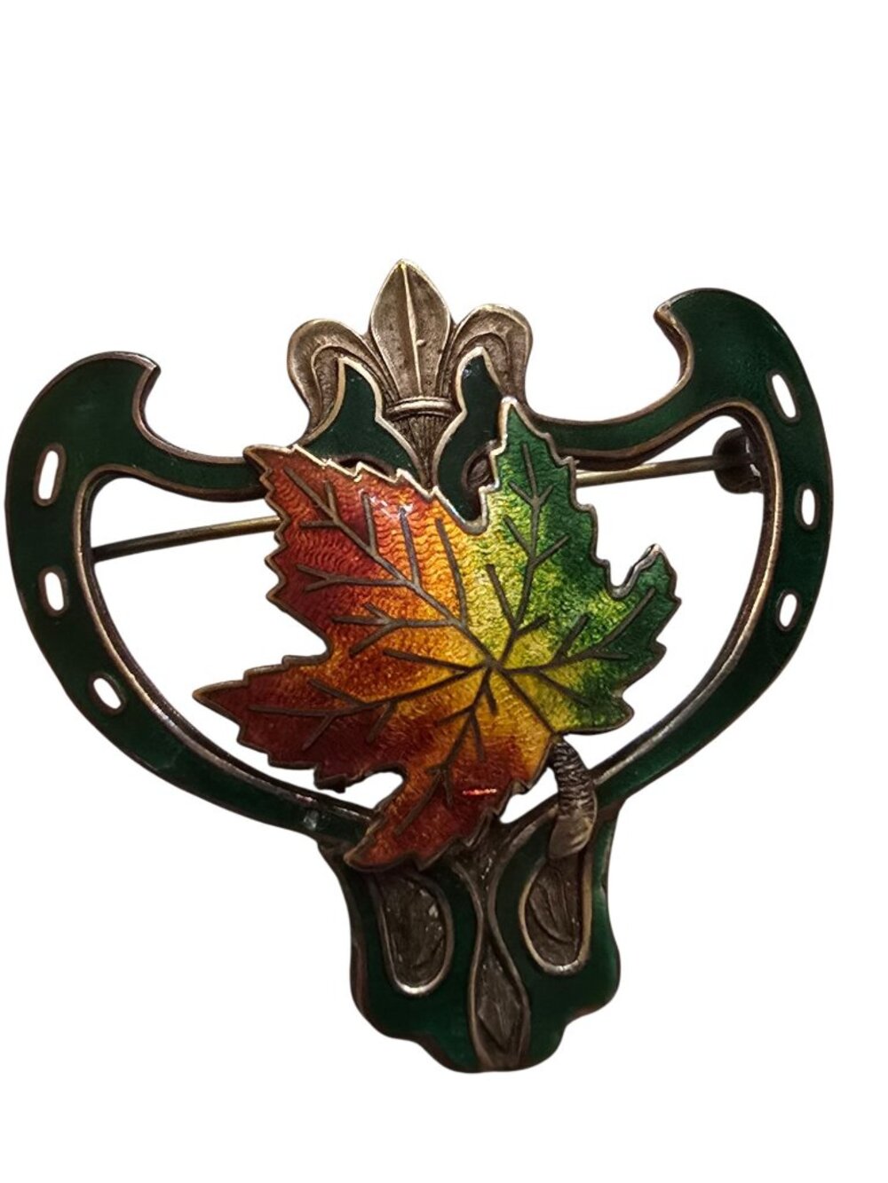 Vintage Sterling Victorian Canadian Maple Leaf Fleur-de-Lis Enamel Sash Pin